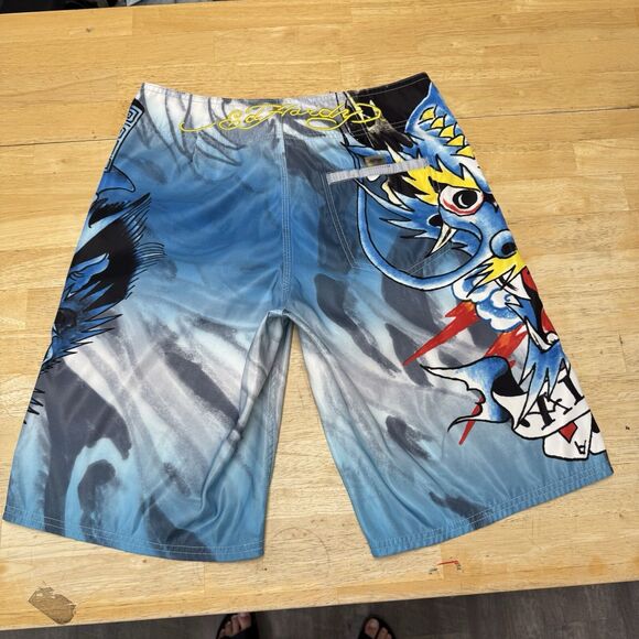 Ed Hardy Alive Christian Audigier Blue Board Shorts Dragon Dagger Swim Trunks 30 - Picture 3 of 15